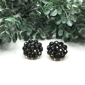 Vintage clip on earrings black glass bead clusters gold tone by New House